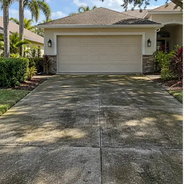 Before cleaning: half and half photo of a driveway cleaned on one side