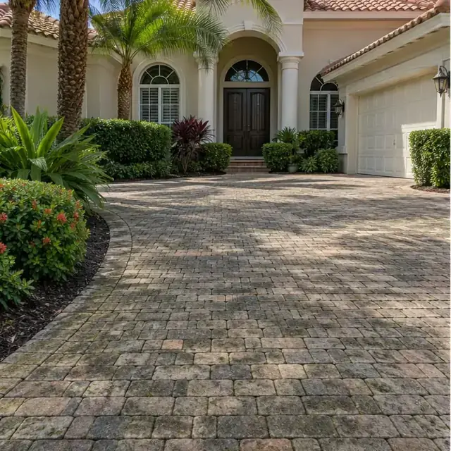 Before cleaning: before and after photos of a Heritage Harbour tile roof and paver drive