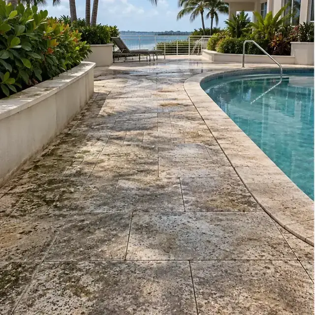 Before cleaning: before and after photos of a Longboat Key condo walkway and travertine deck