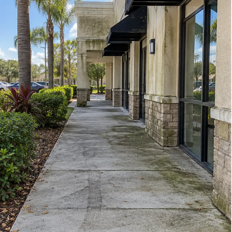 Before cleaning: before and after photos of a north Sarasota tile roof and retail walkway