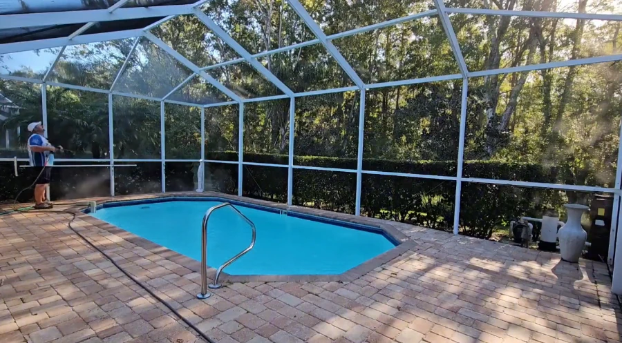 Professional lanai cleaning service for pool cages and screen enclosures in Bradenton, FL