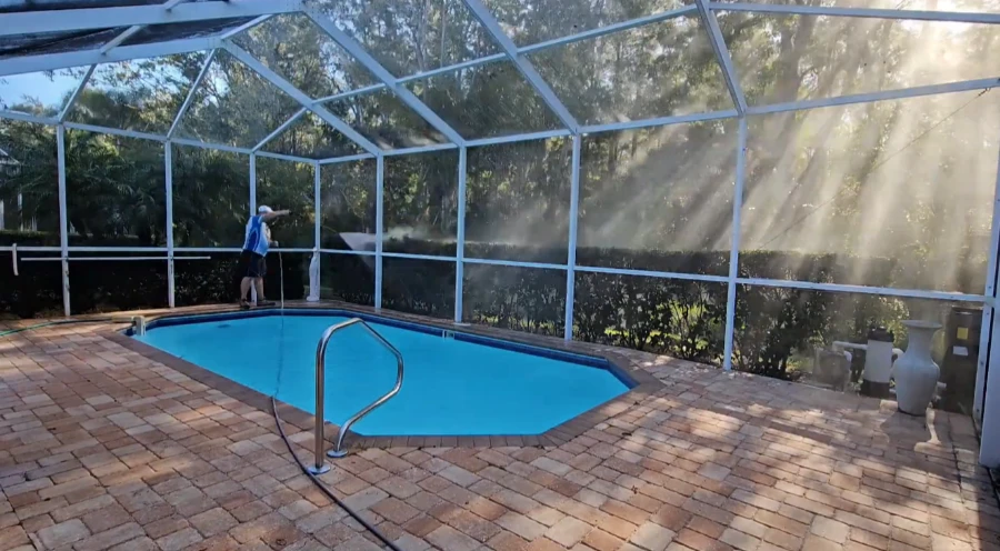 Before and after lanai and pool cage cleaning results in Bradenton FL