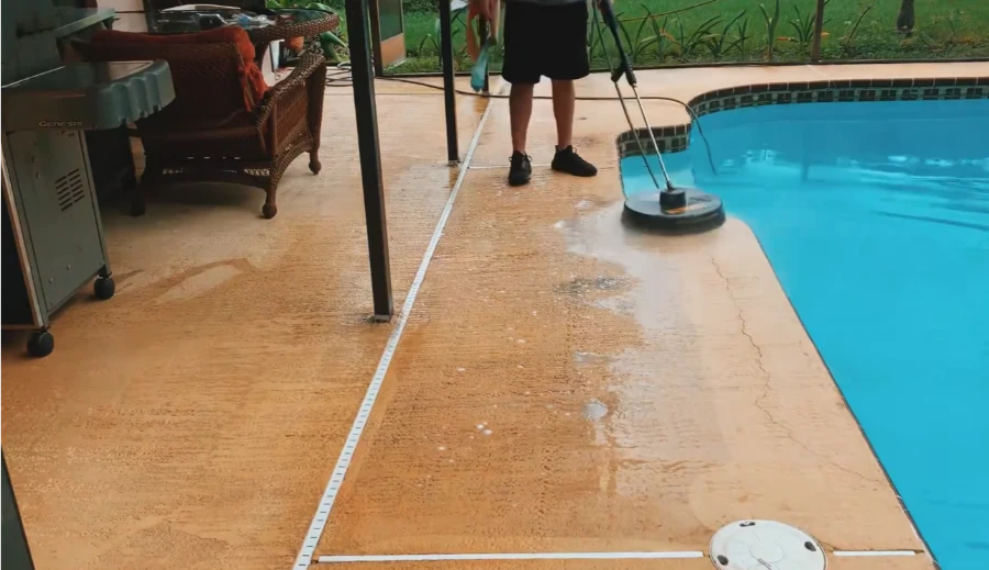 Algae and mold buildup on pool deck pavers in Bradenton Florida humid climate